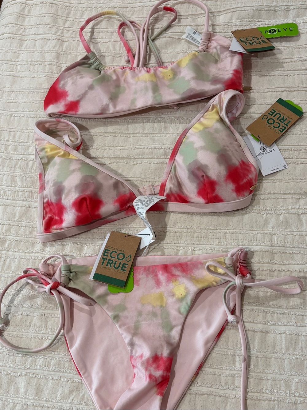 NWT VOLCOM 3 Piece Tie-Dye Pink Red Bikini Set